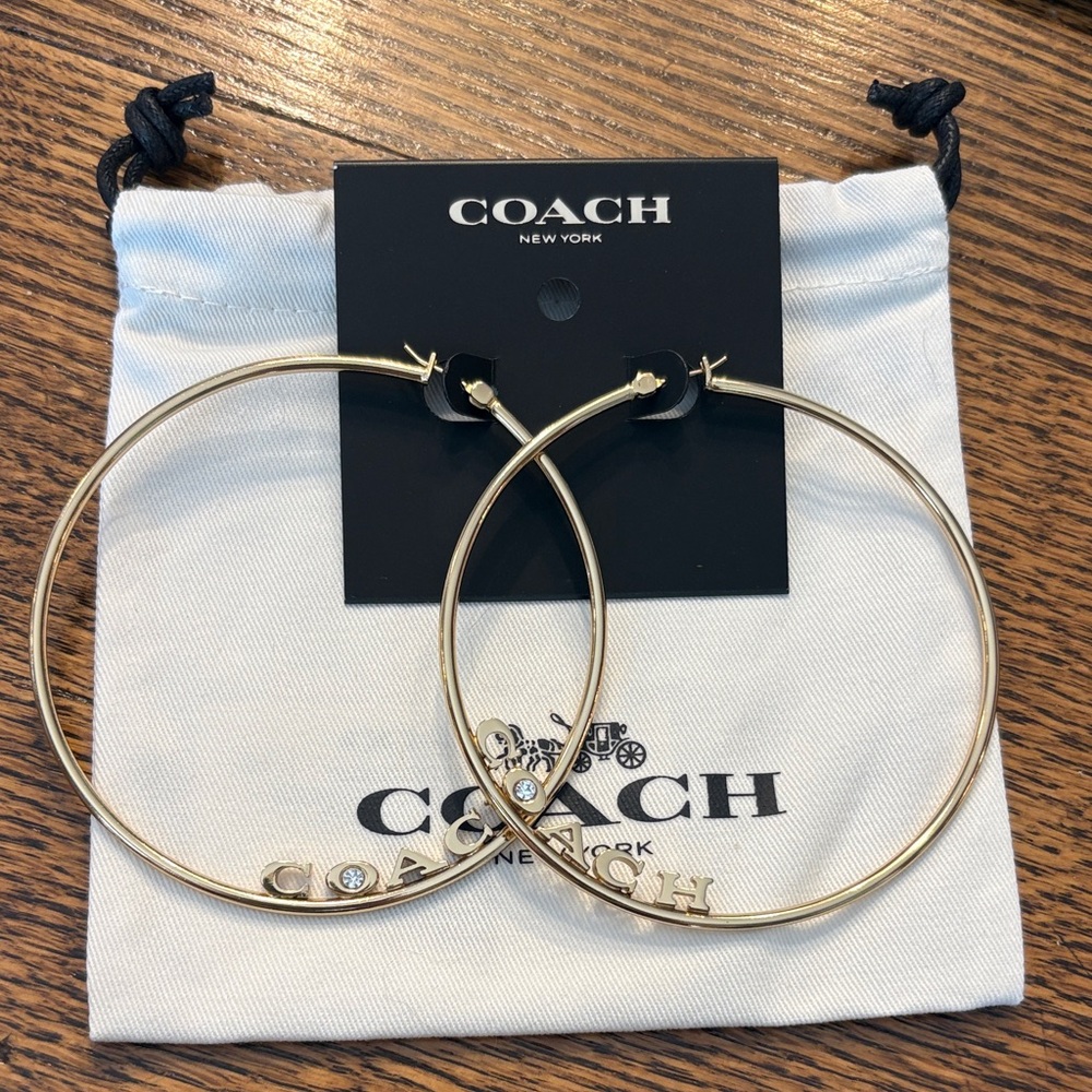 Coach Gold Hoop Earrings with Logo and Crystal Accents